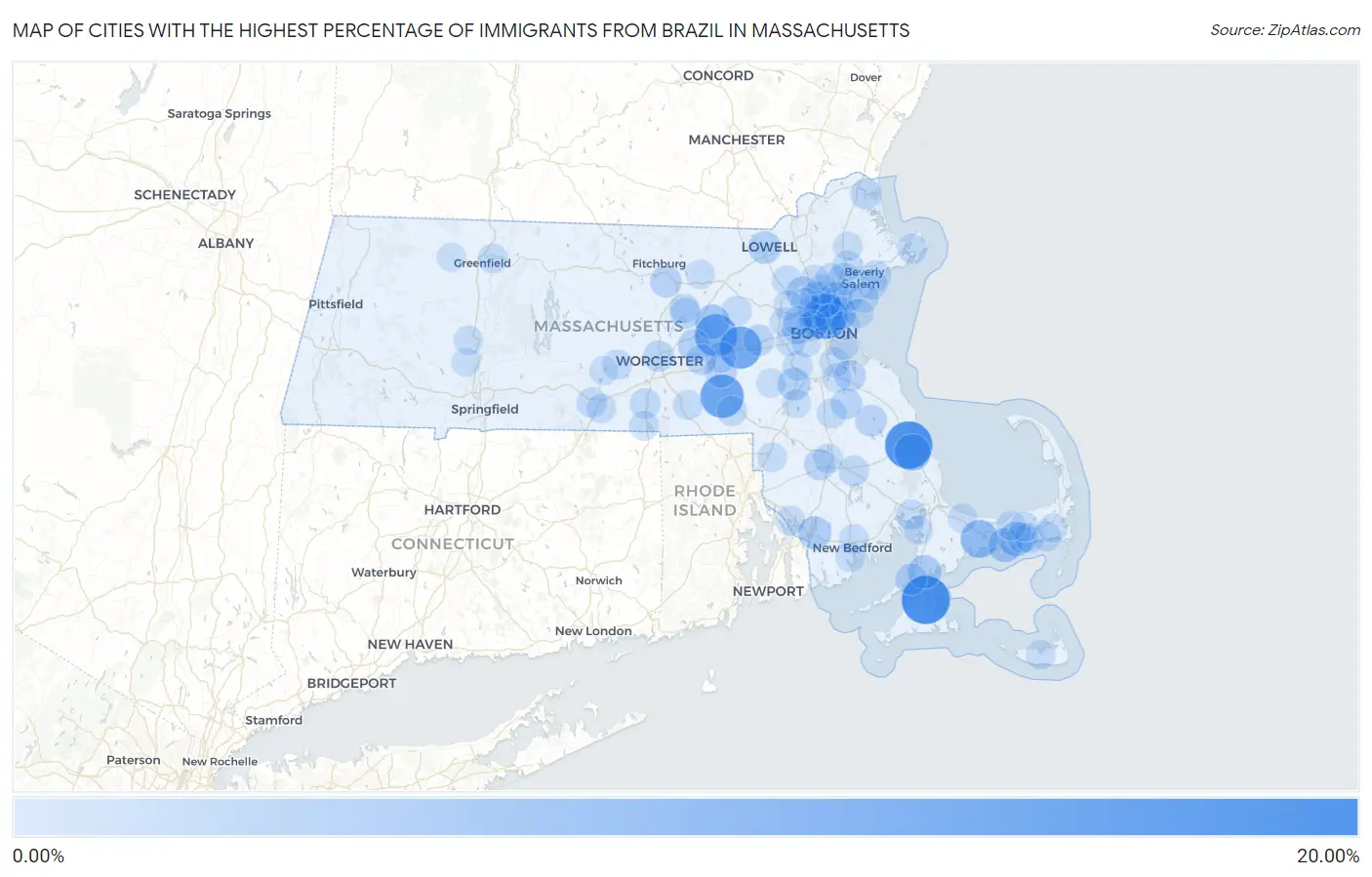 Cities with the Highest Percentage of Immigrants from Brazil in Massachusetts Map