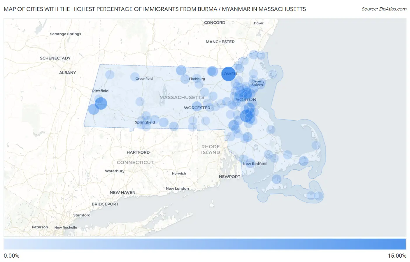 Cities with the Highest Percentage of Immigrants from Burma / Myanmar in Massachusetts Map