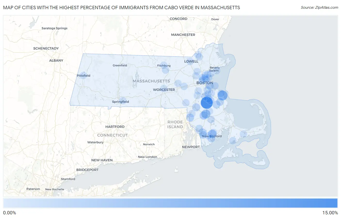 Cities with the Highest Percentage of Immigrants from Cabo Verde in Massachusetts Map