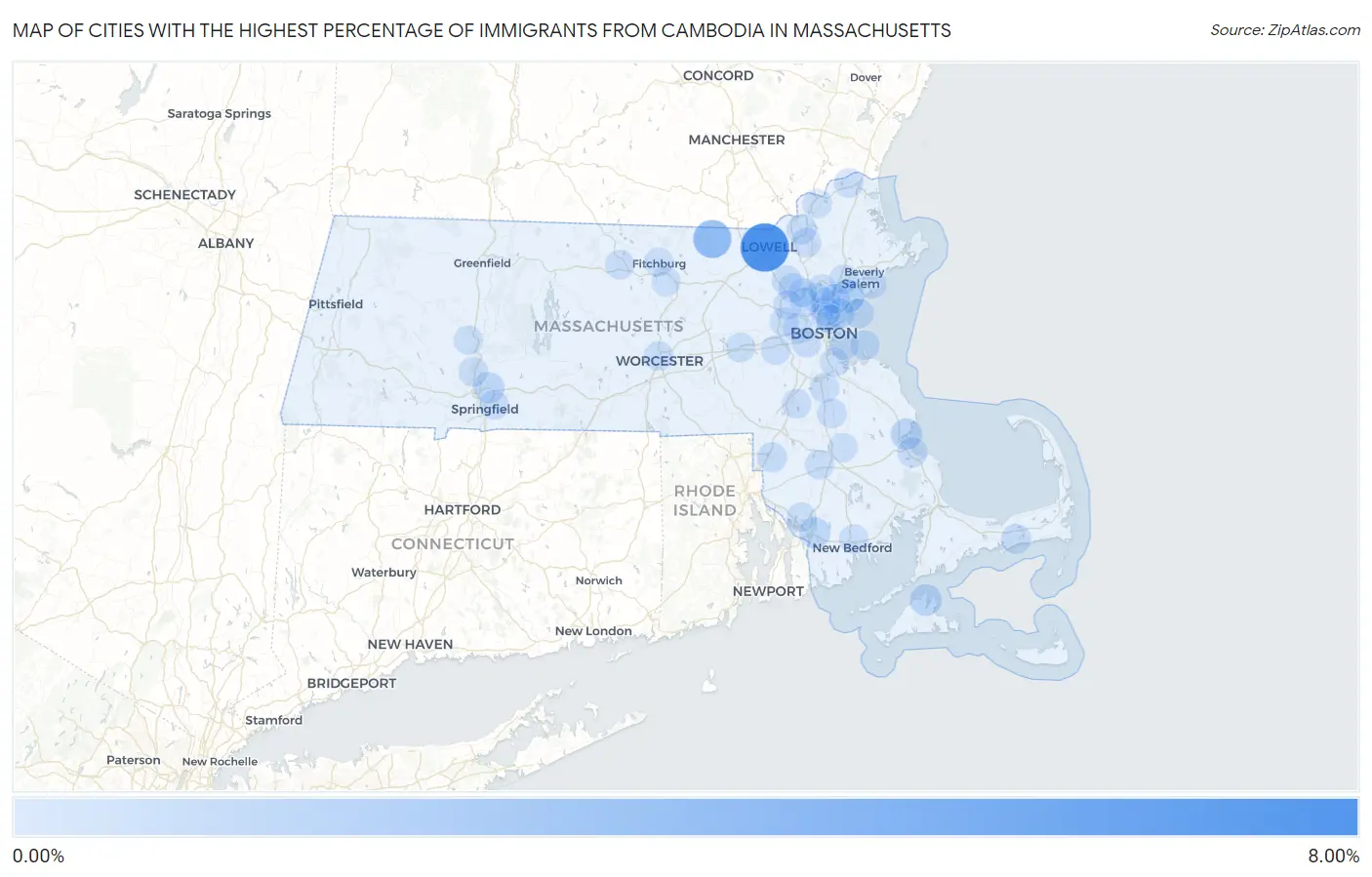 Cities with the Highest Percentage of Immigrants from Cambodia in Massachusetts Map