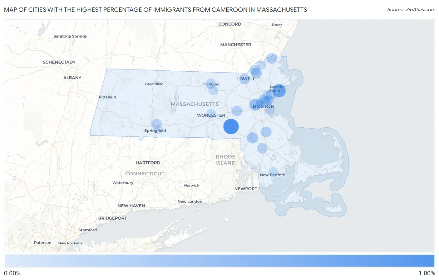 Cities with the Highest Percentage of Immigrants from Cameroon in Massachusetts Map