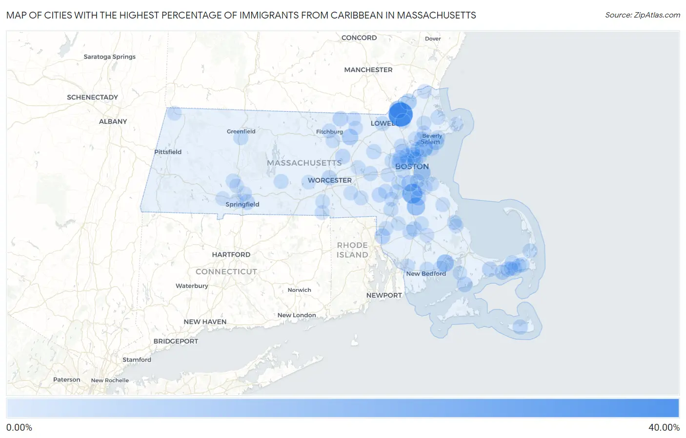 Cities with the Highest Percentage of Immigrants from Caribbean in Massachusetts Map
