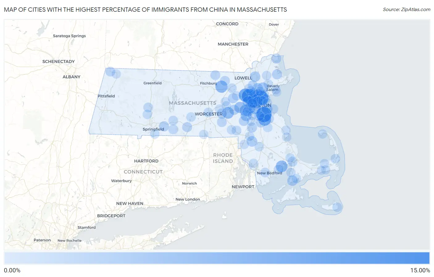 Cities with the Highest Percentage of Immigrants from China in Massachusetts Map