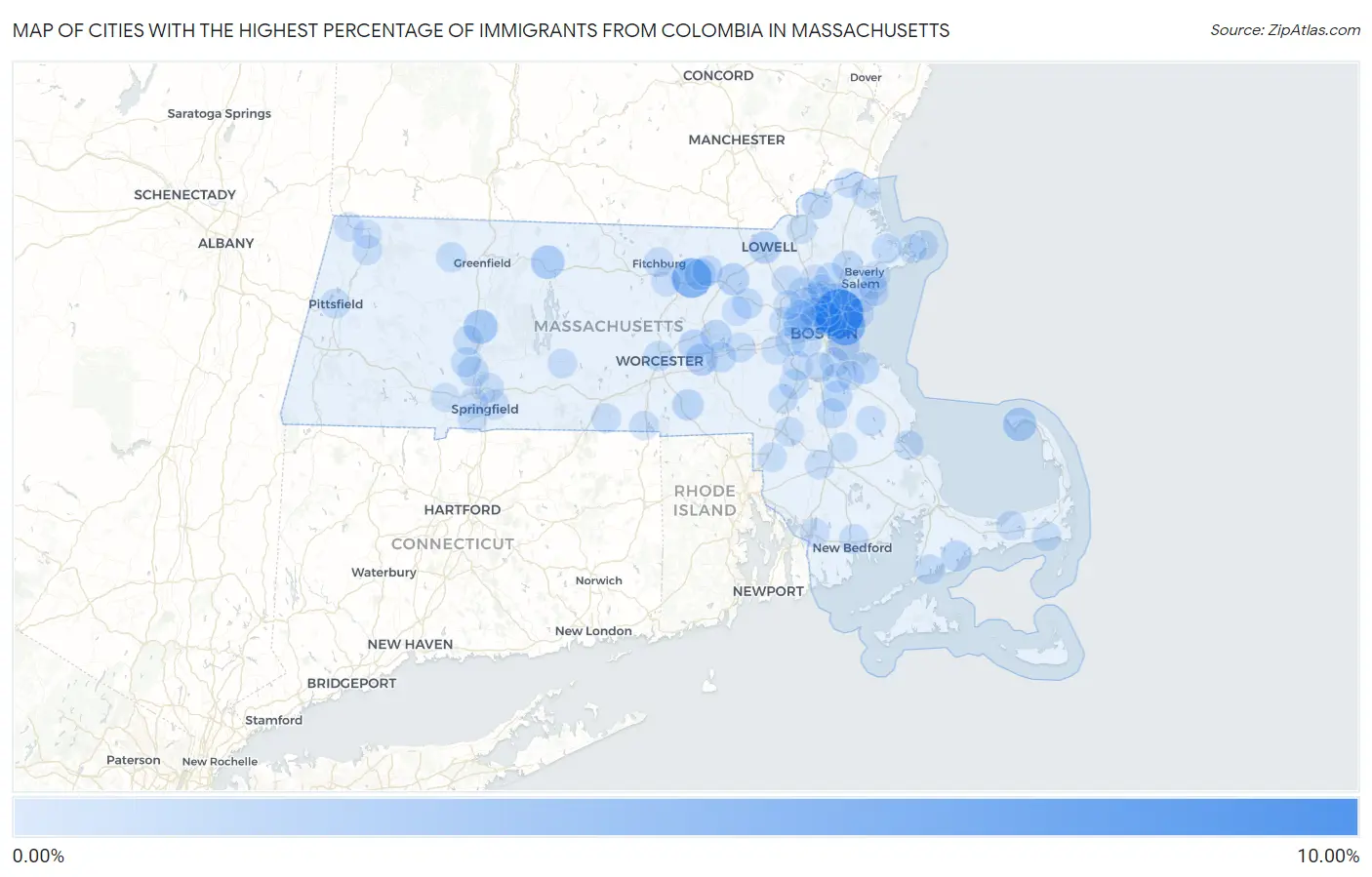 Cities with the Highest Percentage of Immigrants from Colombia in Massachusetts Map