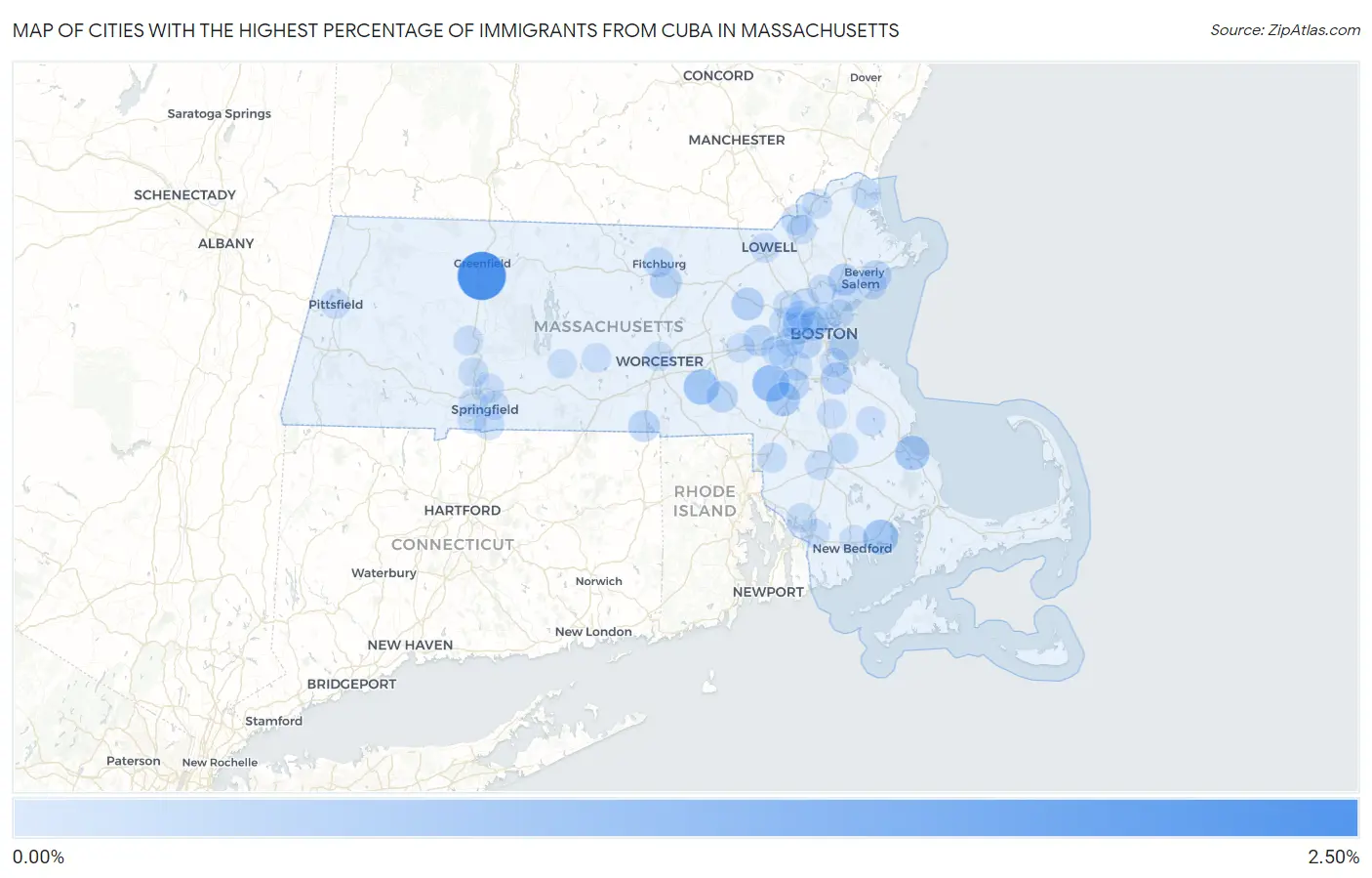 Cities with the Highest Percentage of Immigrants from Cuba in Massachusetts Map