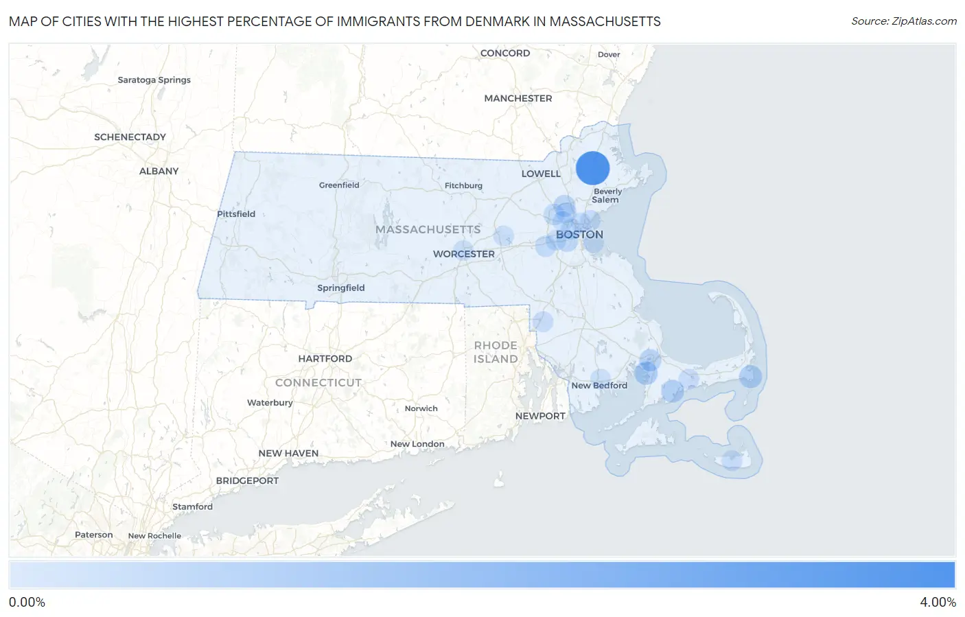 Cities with the Highest Percentage of Immigrants from Denmark in Massachusetts Map