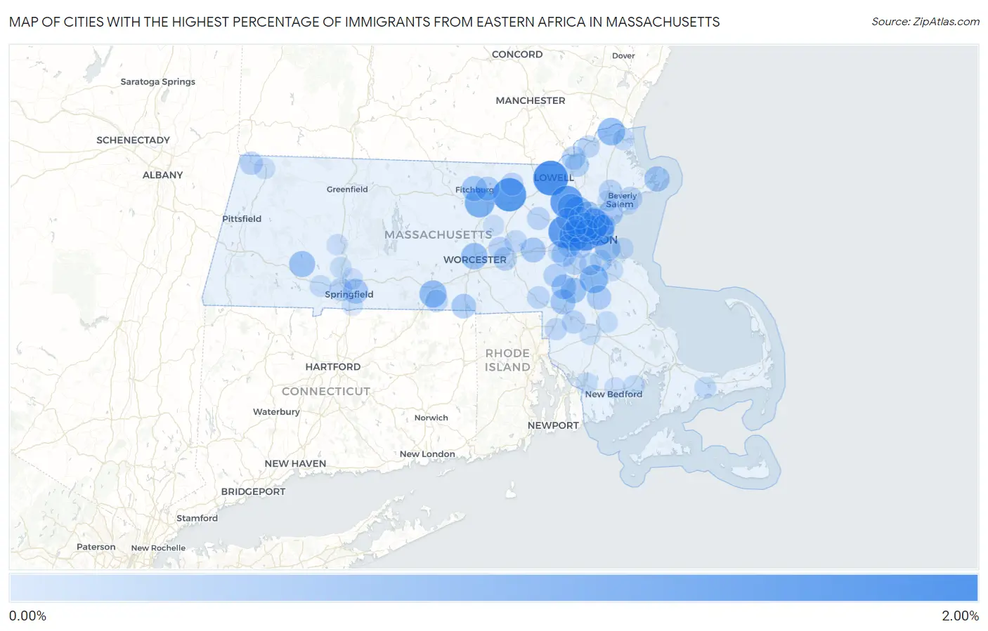 Cities with the Highest Percentage of Immigrants from Eastern Africa in Massachusetts Map