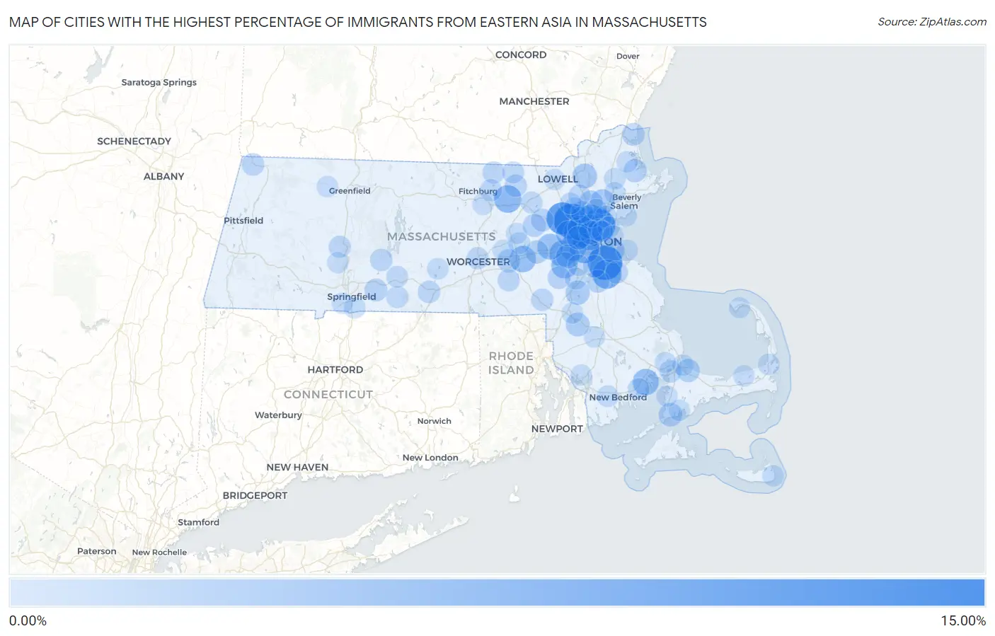 Cities with the Highest Percentage of Immigrants from Eastern Asia in Massachusetts Map