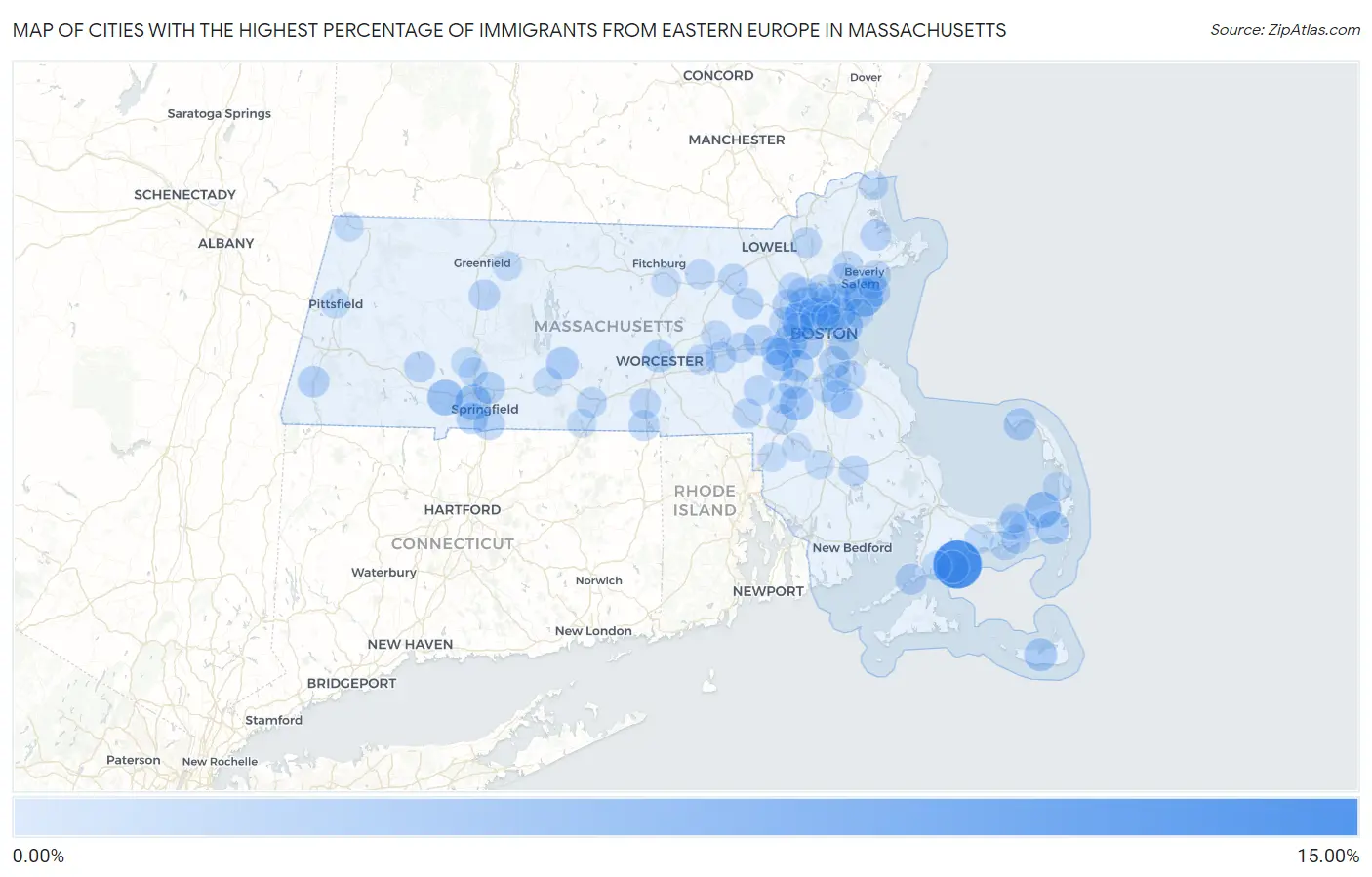 Cities with the Highest Percentage of Immigrants from Eastern Europe in Massachusetts Map
