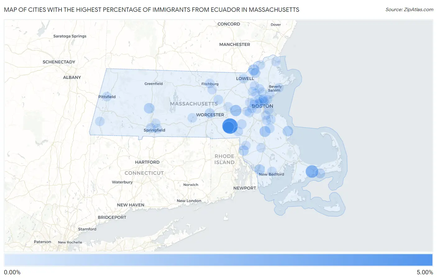 Cities with the Highest Percentage of Immigrants from Ecuador in Massachusetts Map