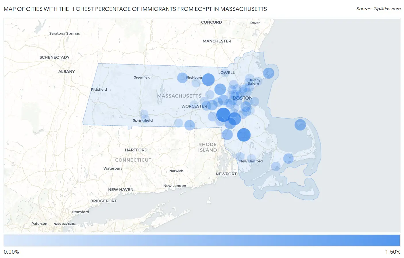 Cities with the Highest Percentage of Immigrants from Egypt in Massachusetts Map