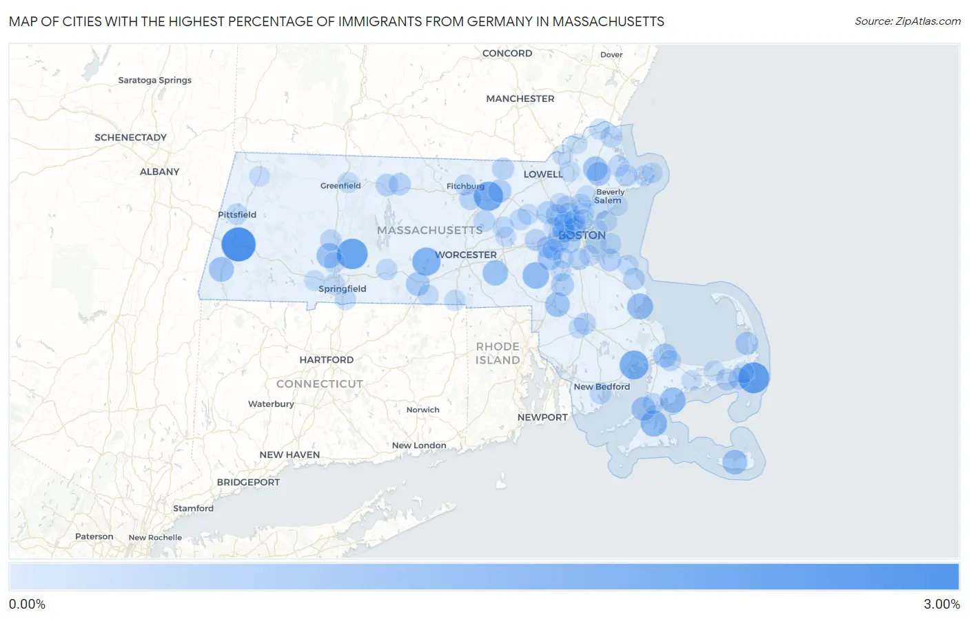 Cities with the Highest Percentage of Immigrants from Germany in Massachusetts Map