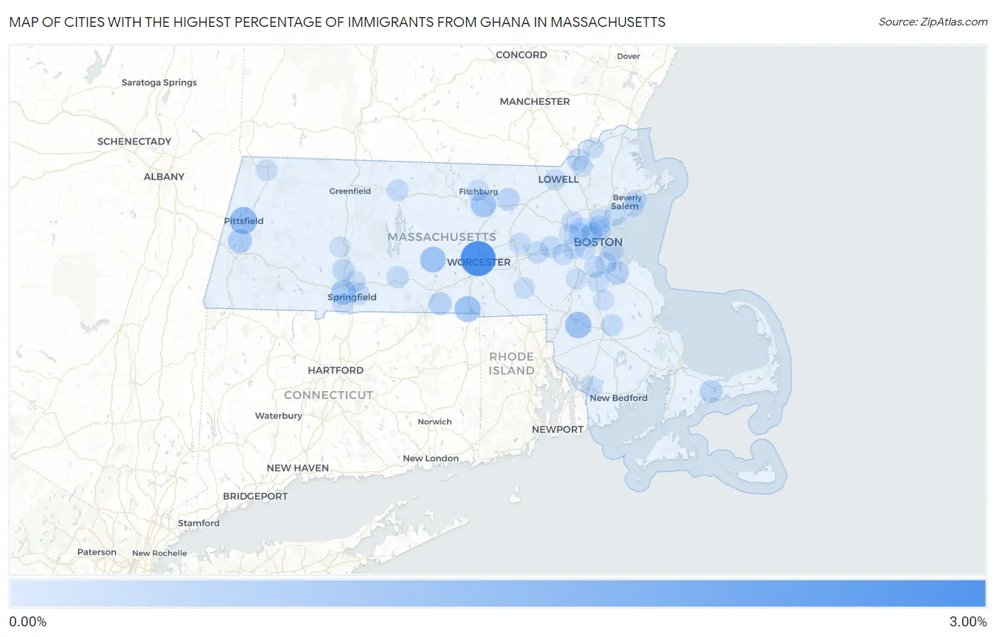 Cities with the Highest Percentage of Immigrants from Ghana in Massachusetts Map