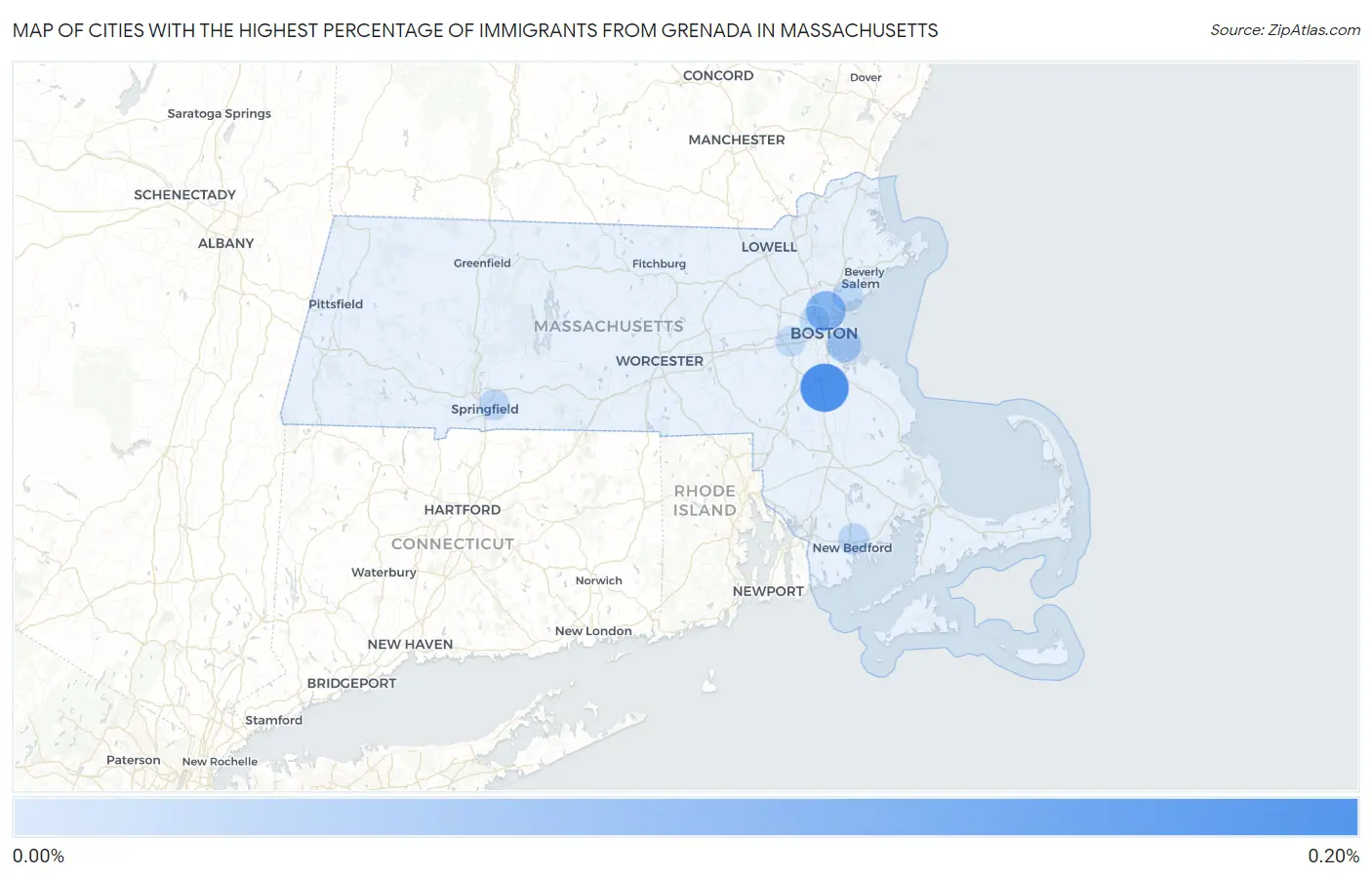 Cities with the Highest Percentage of Immigrants from Grenada in Massachusetts Map
