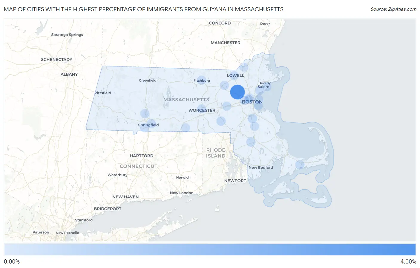 Cities with the Highest Percentage of Immigrants from Guyana in Massachusetts Map