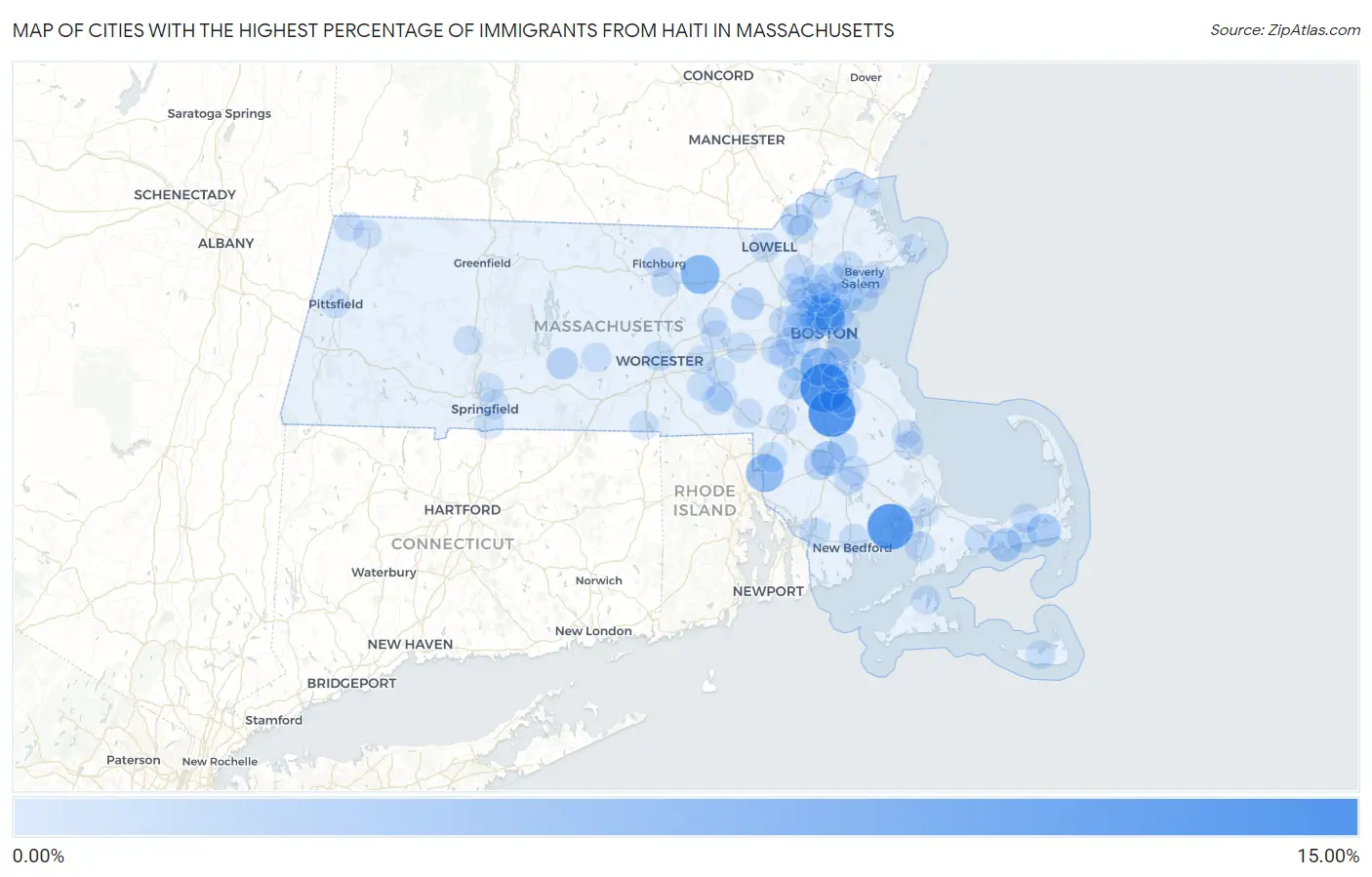 Cities with the Highest Percentage of Immigrants from Haiti in Massachusetts Map