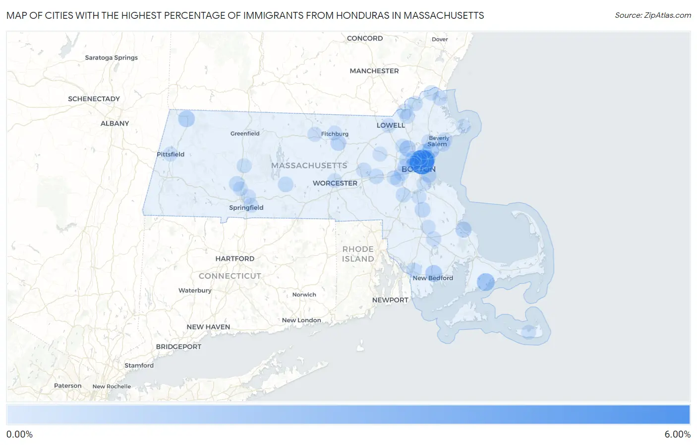 Cities with the Highest Percentage of Immigrants from Honduras in Massachusetts Map