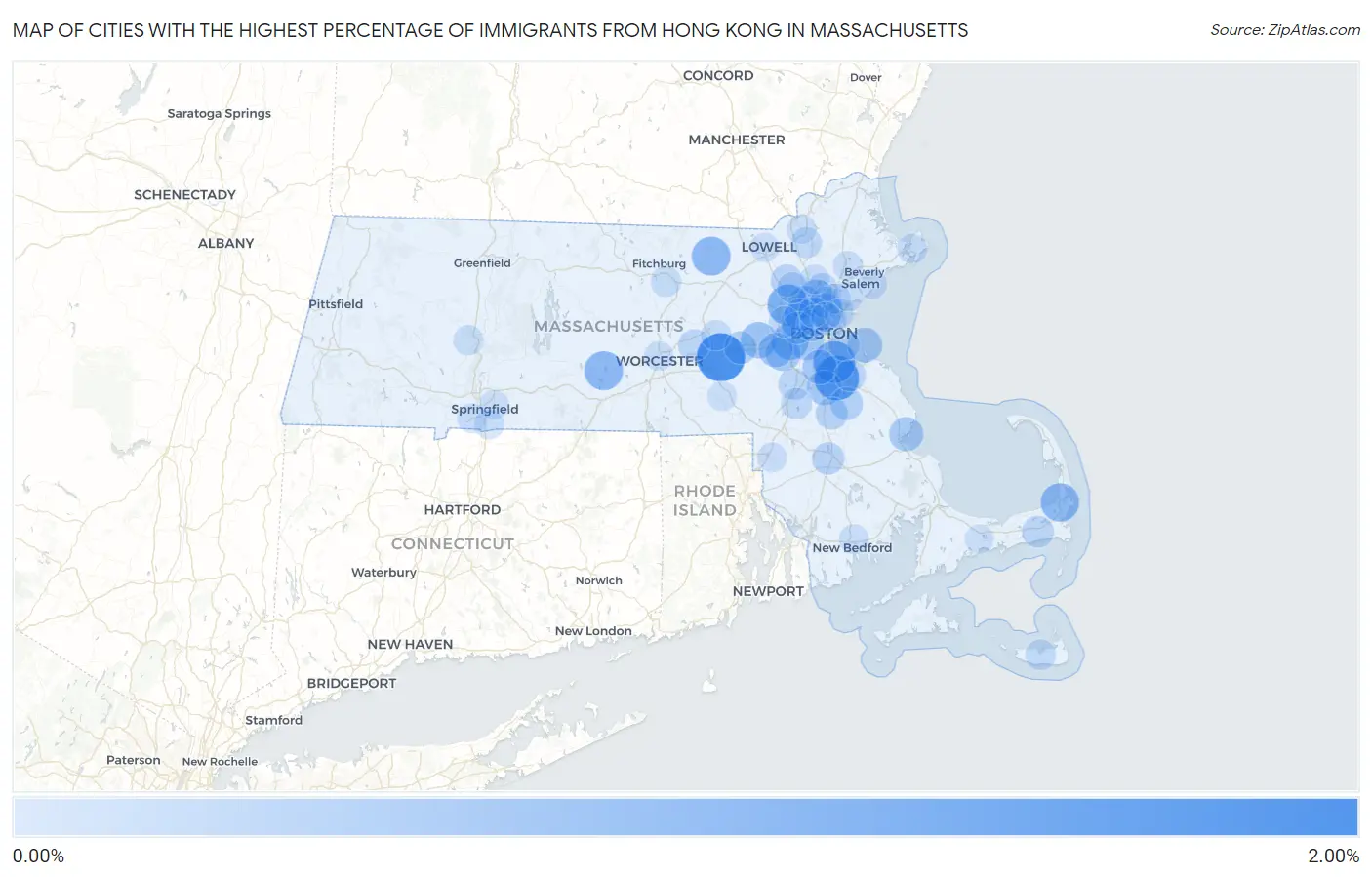 Cities with the Highest Percentage of Immigrants from Hong Kong in Massachusetts Map