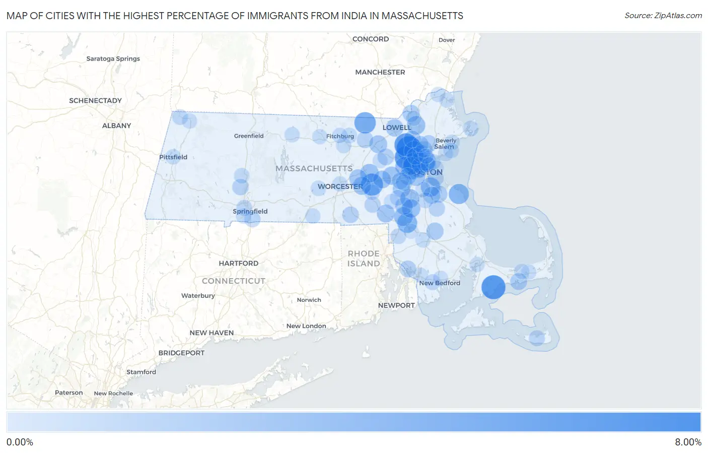 Cities with the Highest Percentage of Immigrants from India in Massachusetts Map