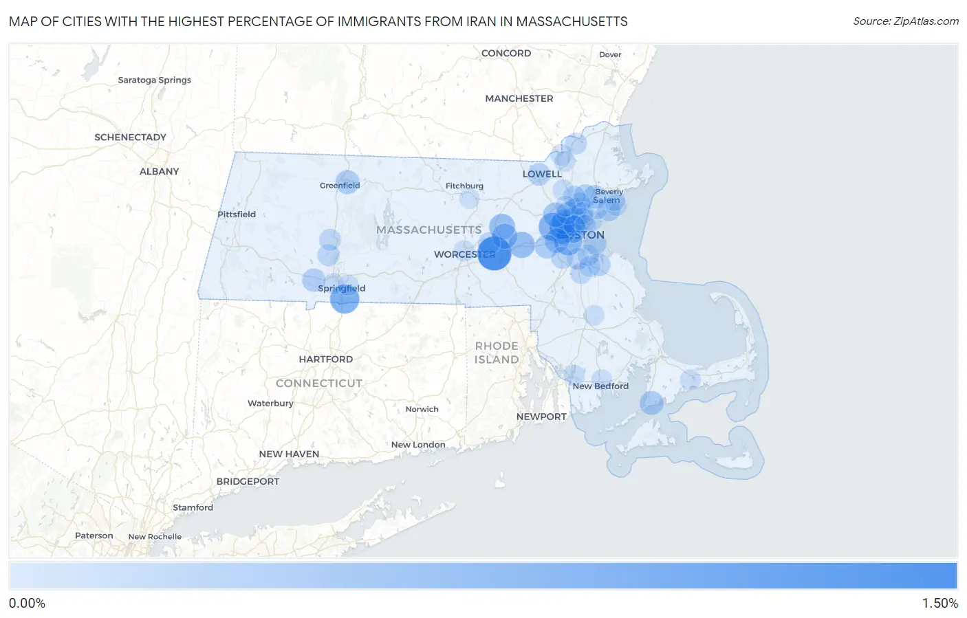 Cities with the Highest Percentage of Immigrants from Iran in Massachusetts Map