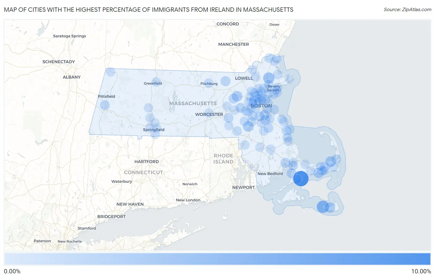 Cities with the Highest Percentage of Immigrants from Ireland in Massachusetts Map