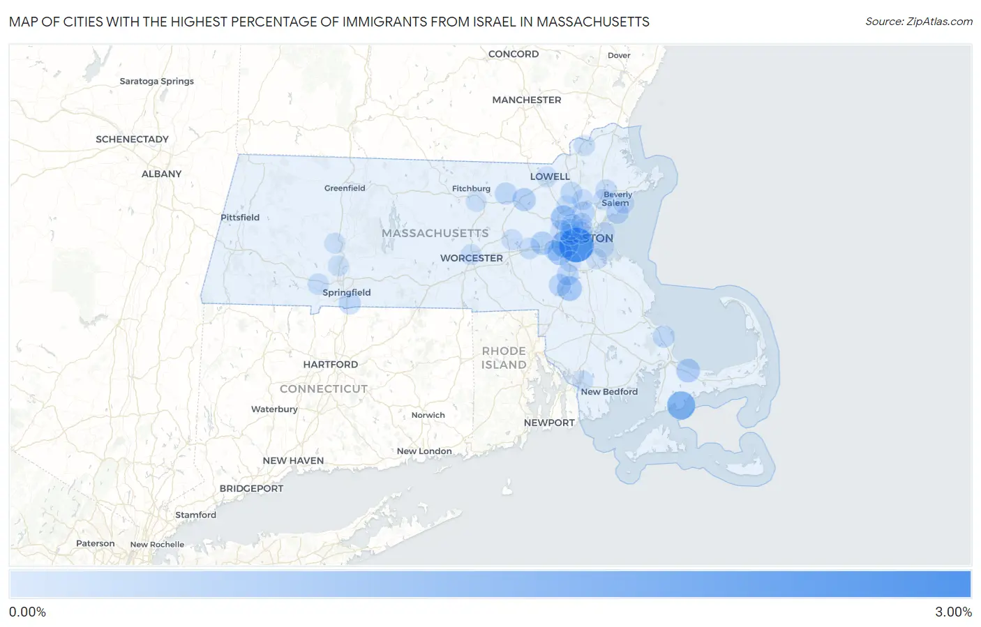 Cities with the Highest Percentage of Immigrants from Israel in Massachusetts Map