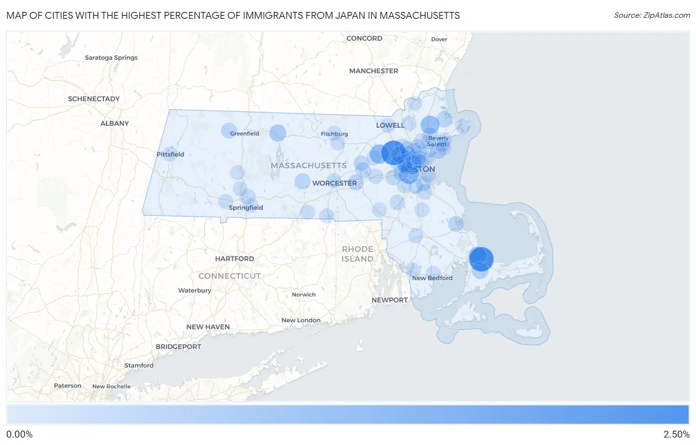 Cities with the Highest Percentage of Immigrants from Japan in Massachusetts Map