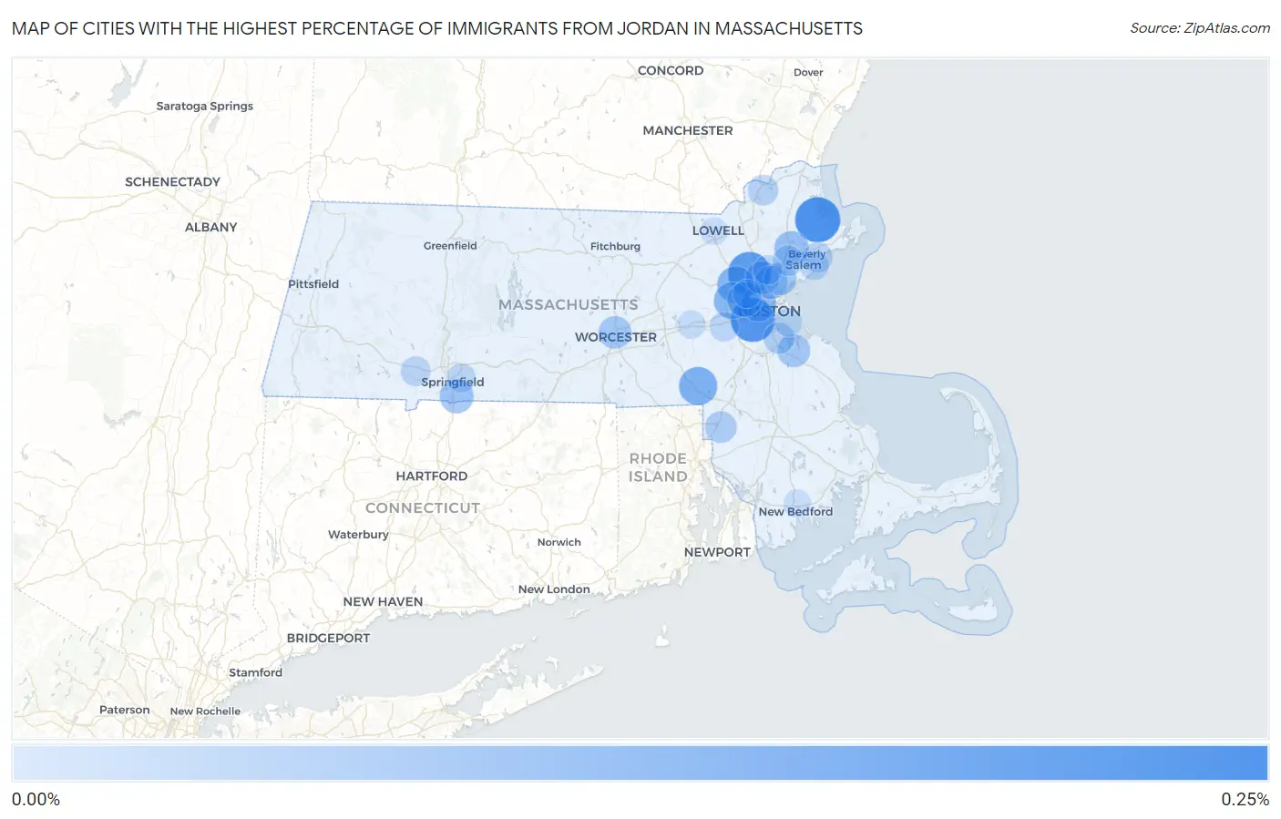 Cities with the Highest Percentage of Immigrants from Jordan in Massachusetts Map