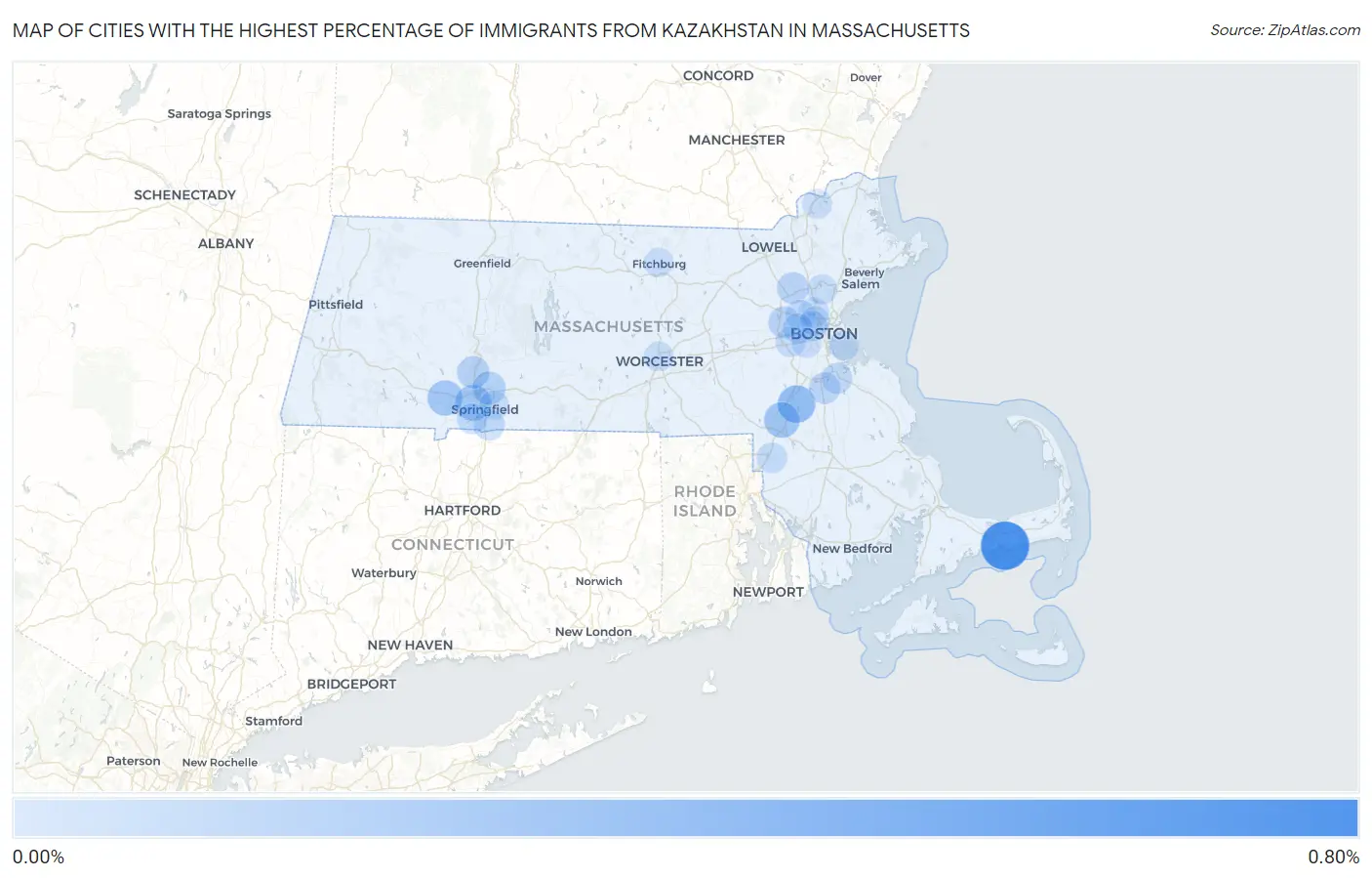 Cities with the Highest Percentage of Immigrants from Kazakhstan in Massachusetts Map
