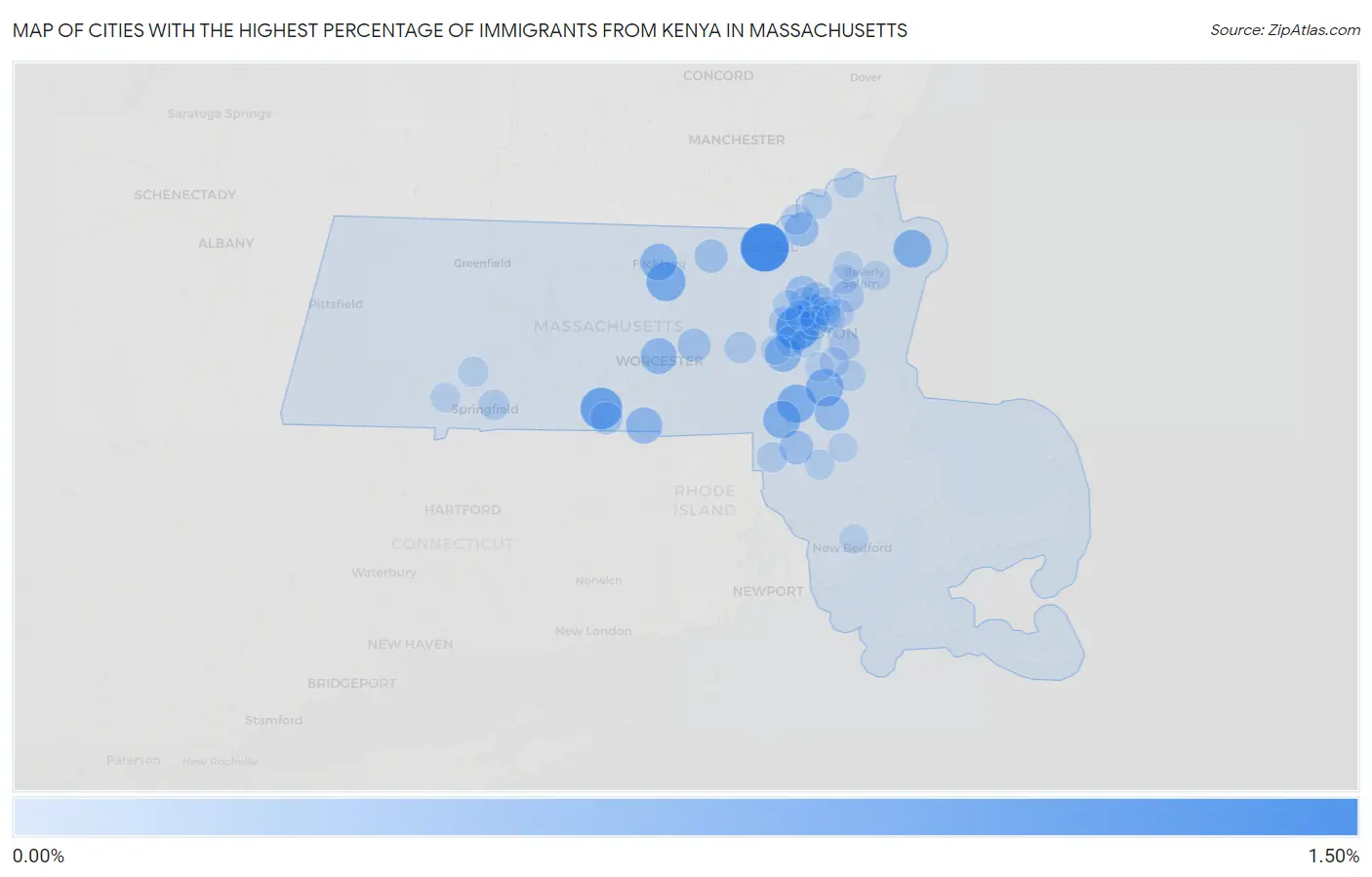 Cities with the Highest Percentage of Immigrants from Kenya in Massachusetts Map