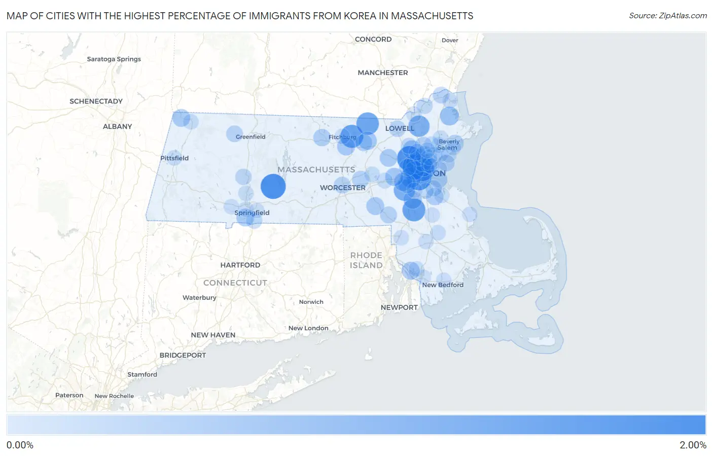 Cities with the Highest Percentage of Immigrants from Korea in Massachusetts Map