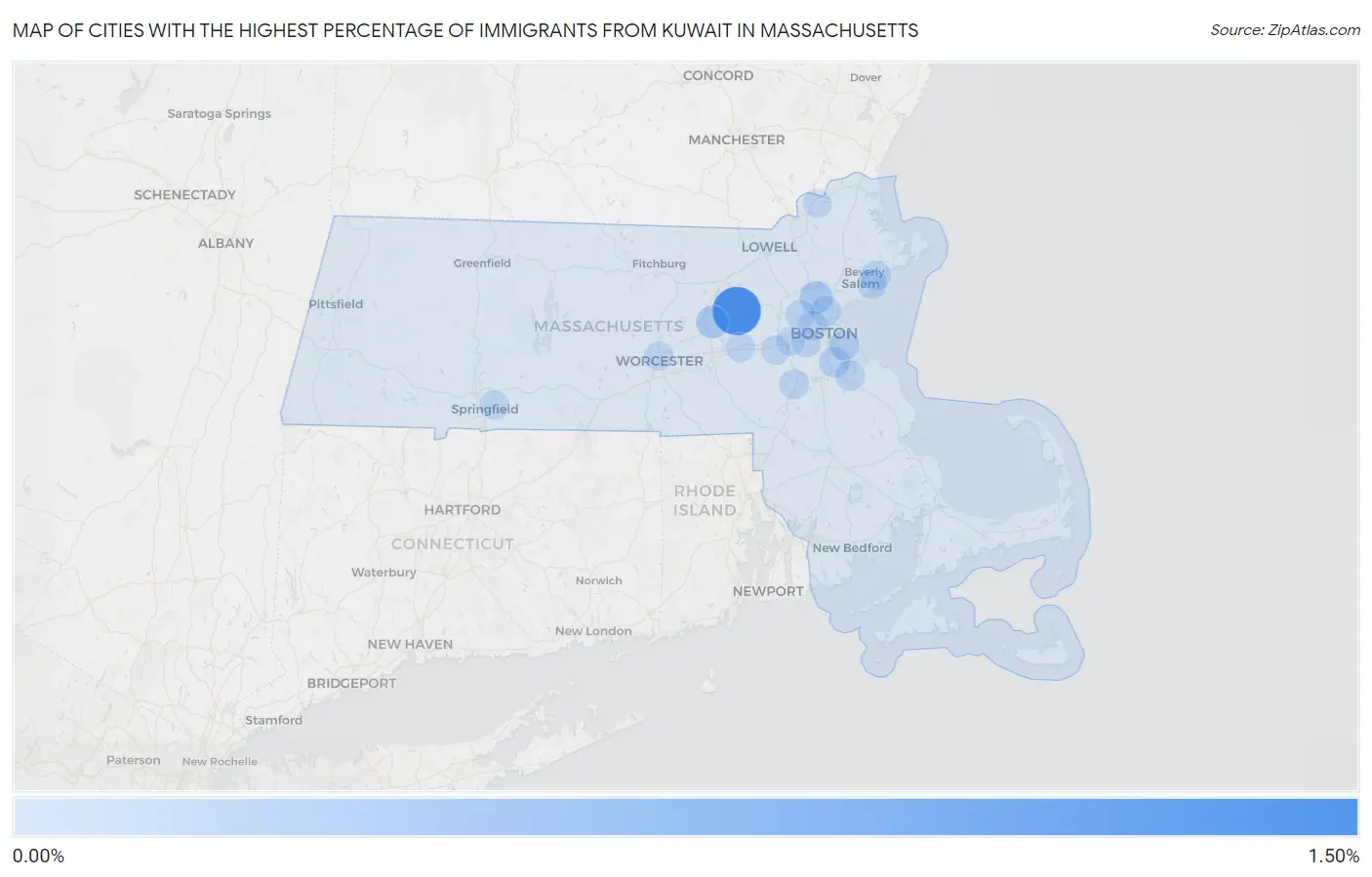 Cities with the Highest Percentage of Immigrants from Kuwait in Massachusetts Map