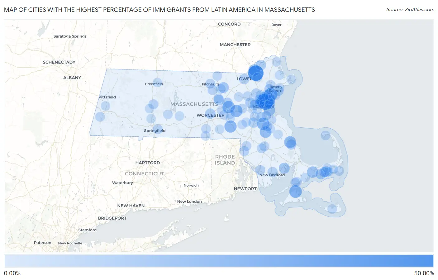 Cities with the Highest Percentage of Immigrants from Latin America in Massachusetts Map