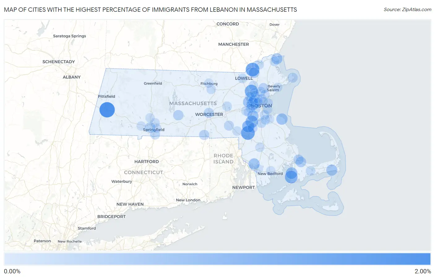 Cities with the Highest Percentage of Immigrants from Lebanon in Massachusetts Map