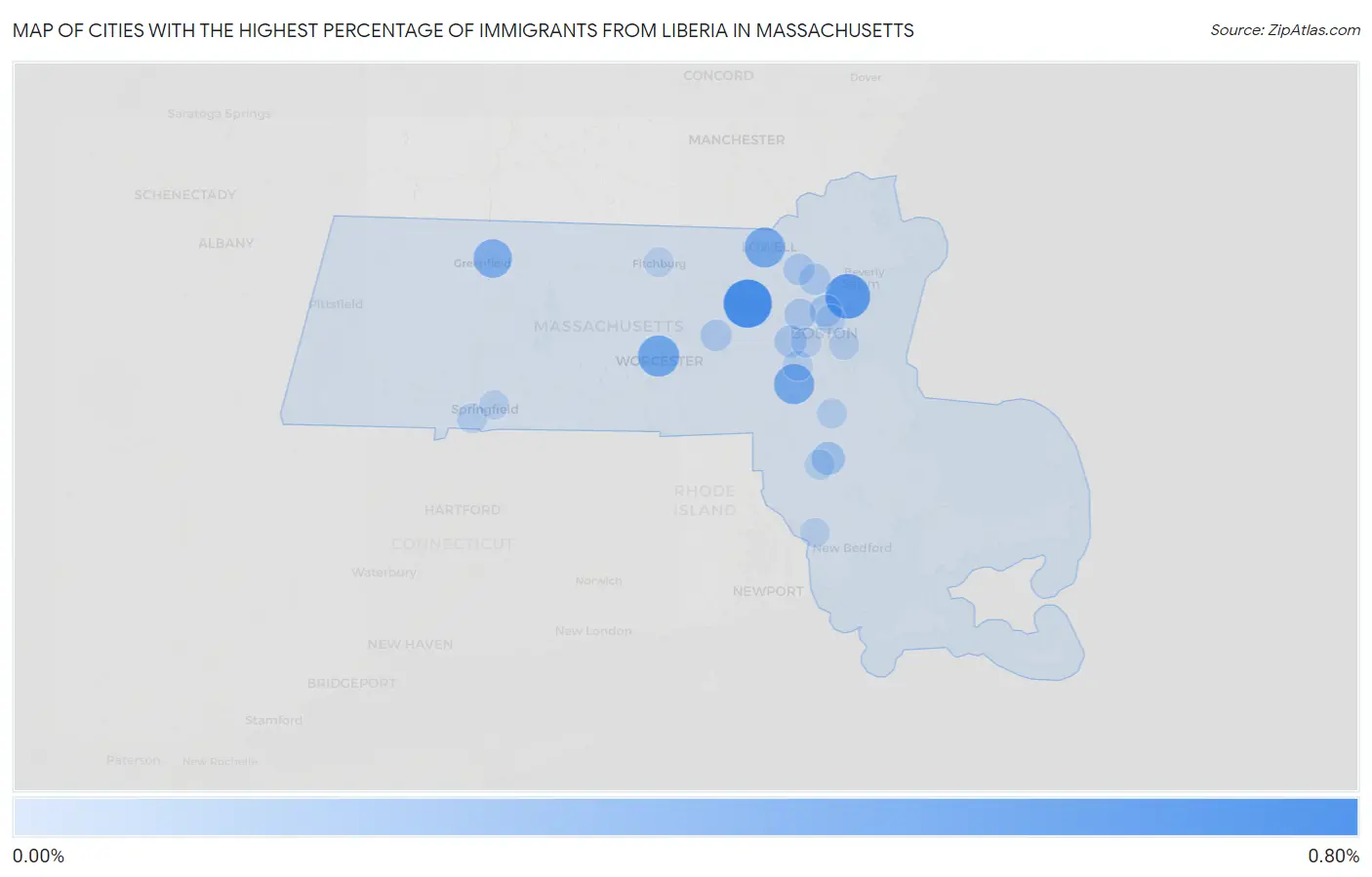 Cities with the Highest Percentage of Immigrants from Liberia in Massachusetts Map