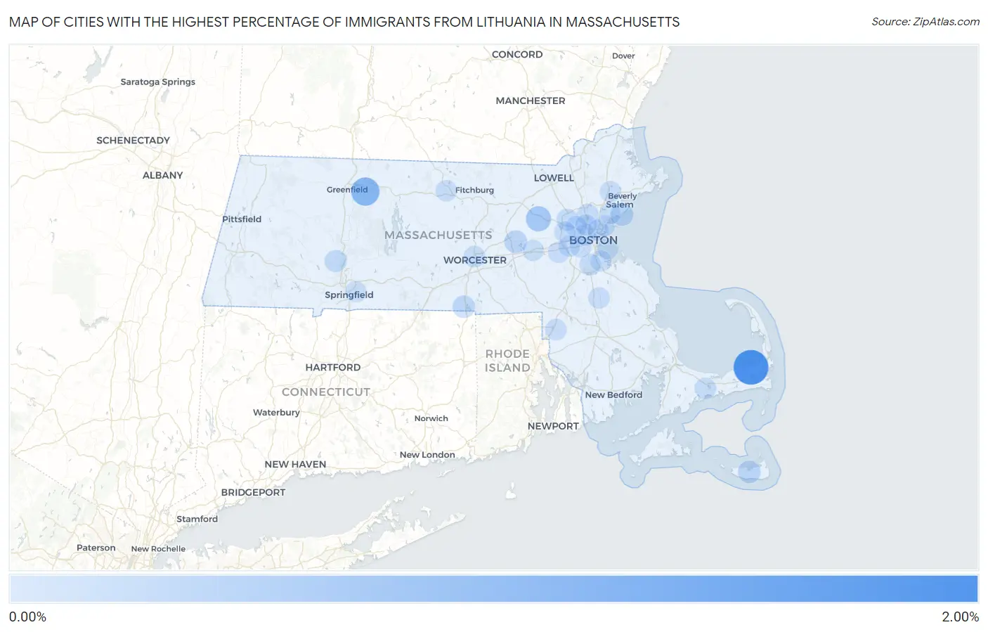 Cities with the Highest Percentage of Immigrants from Lithuania in Massachusetts Map