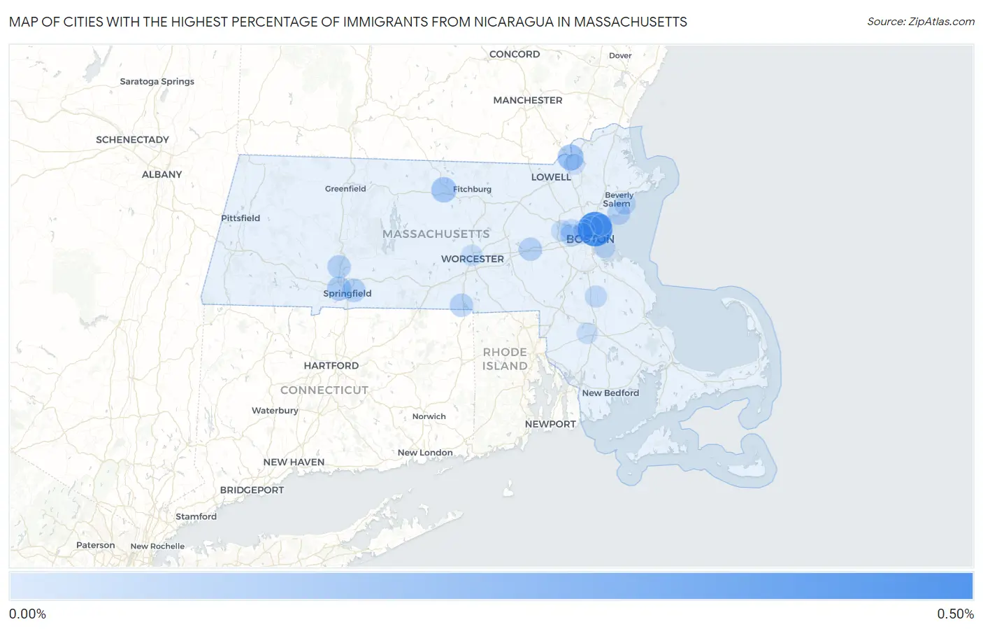 Cities with the Highest Percentage of Immigrants from Nicaragua in Massachusetts Map
