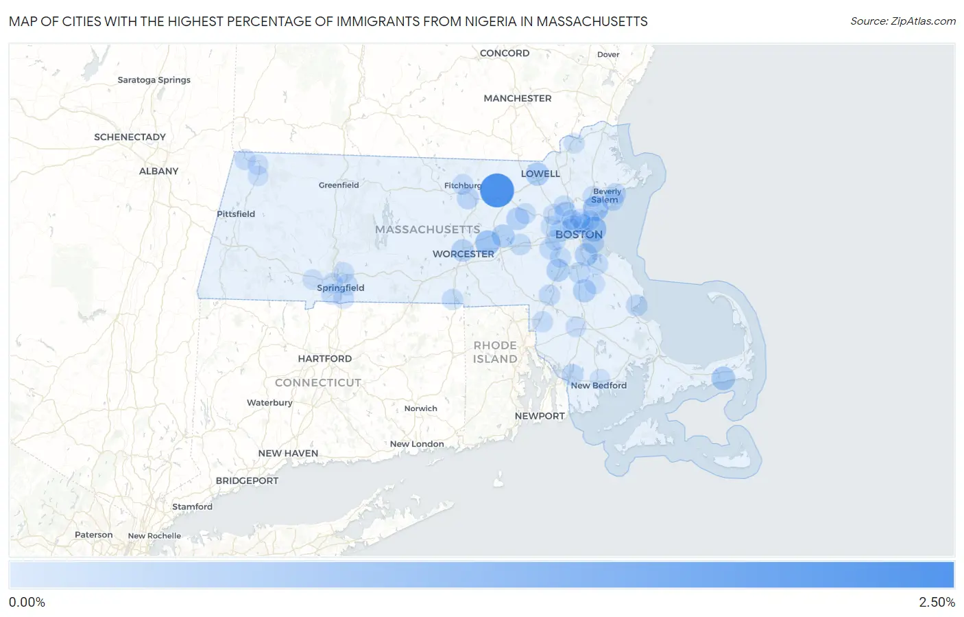 Cities with the Highest Percentage of Immigrants from Nigeria in Massachusetts Map