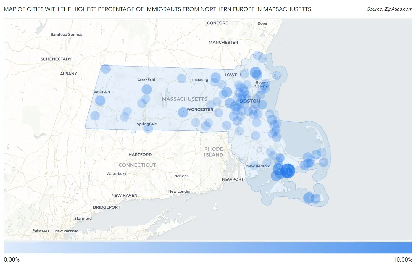 Cities with the Highest Percentage of Immigrants from Northern Europe in Massachusetts Map