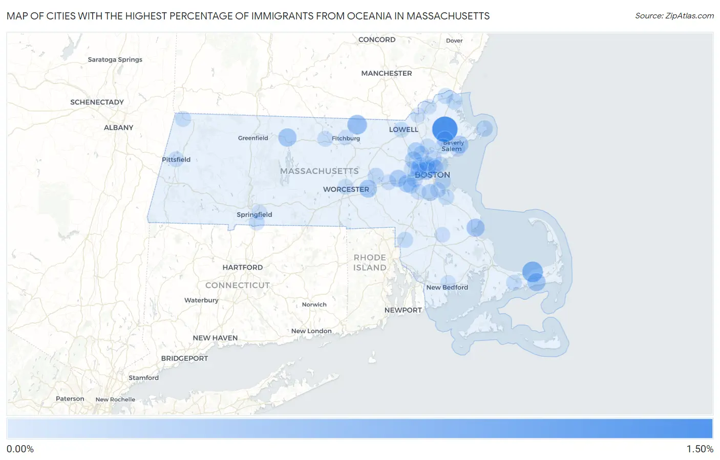 Cities with the Highest Percentage of Immigrants from Oceania in Massachusetts Map