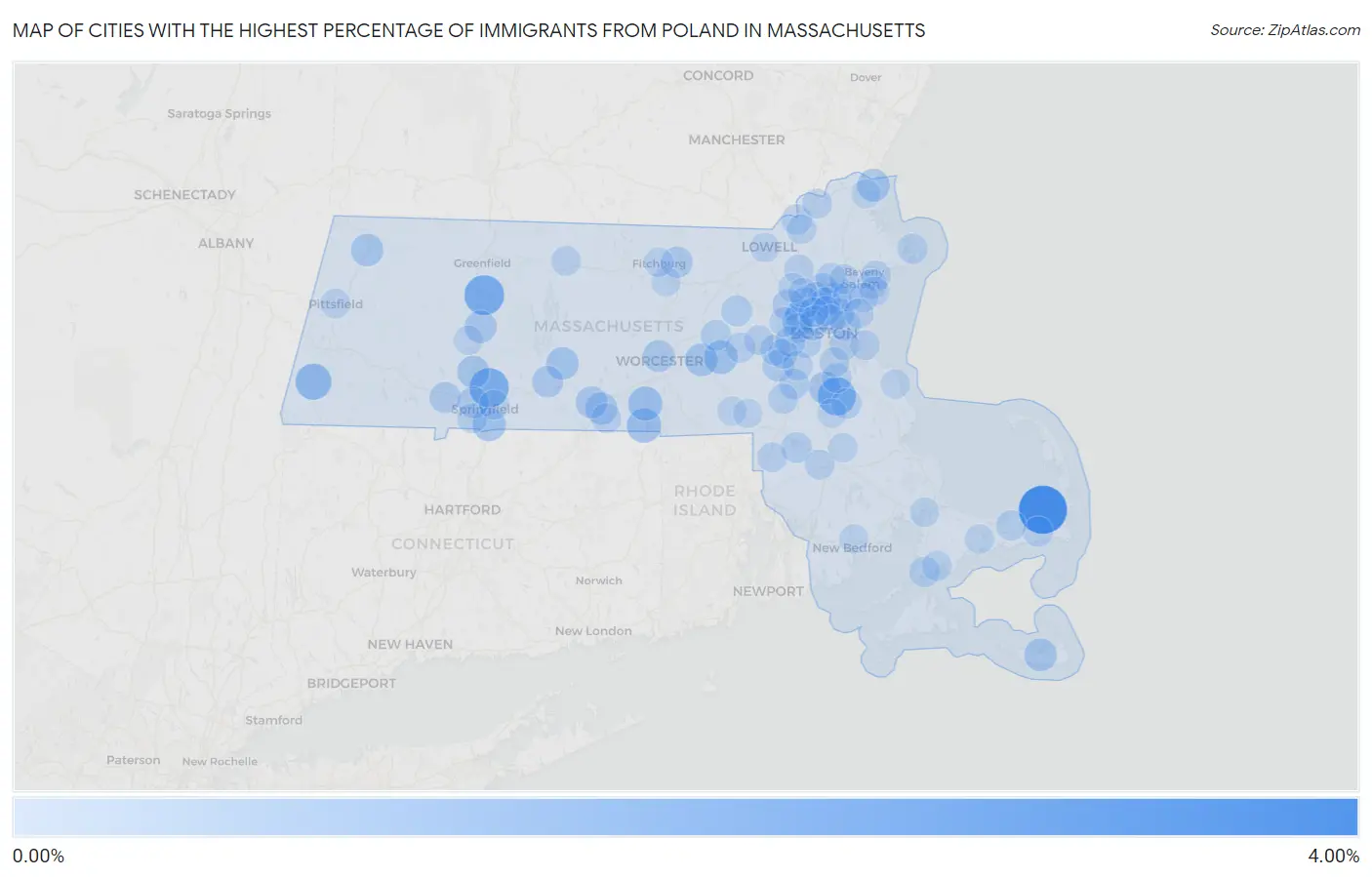 Cities with the Highest Percentage of Immigrants from Poland in Massachusetts Map