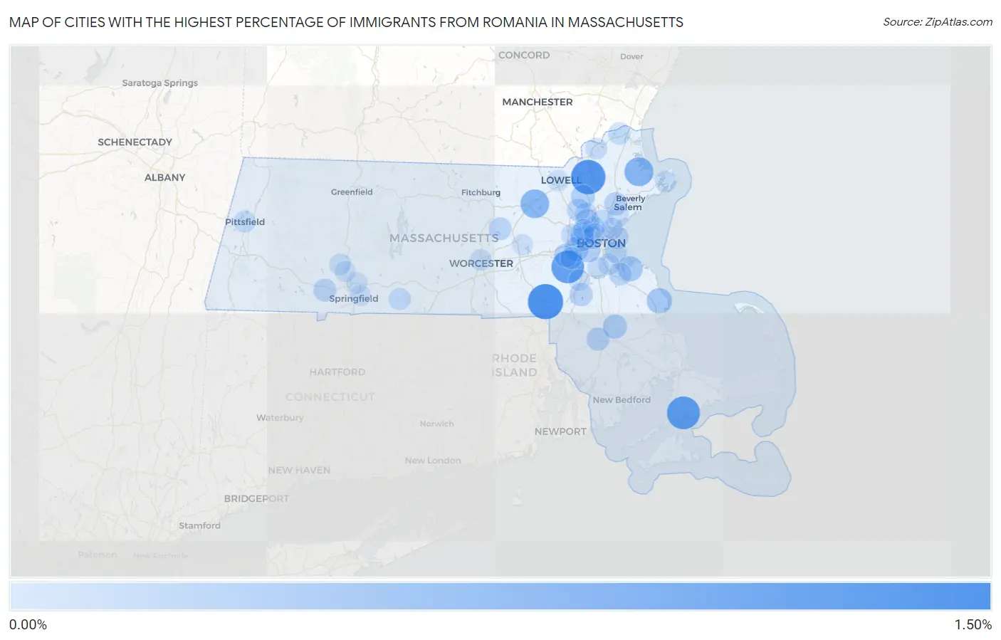 Cities with the Highest Percentage of Immigrants from Romania in Massachusetts Map