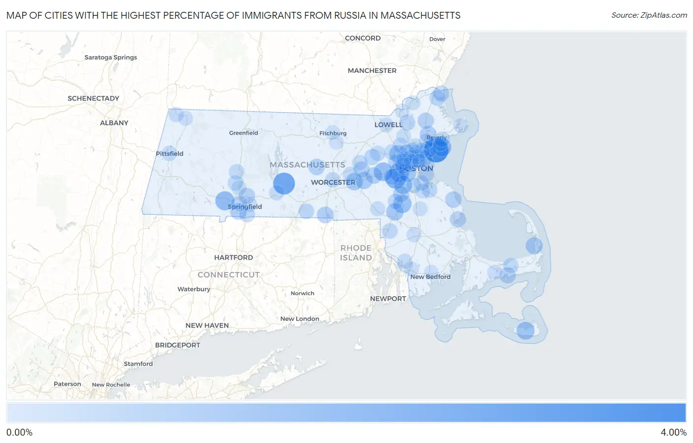 Cities with the Highest Percentage of Immigrants from Russia in Massachusetts Map