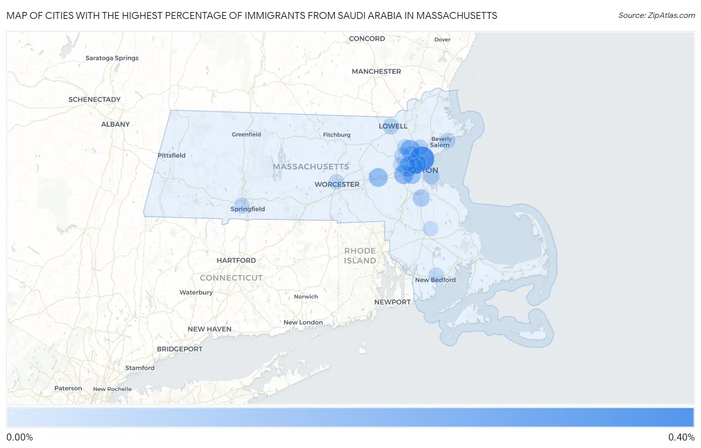 Cities with the Highest Percentage of Immigrants from Saudi Arabia in Massachusetts Map