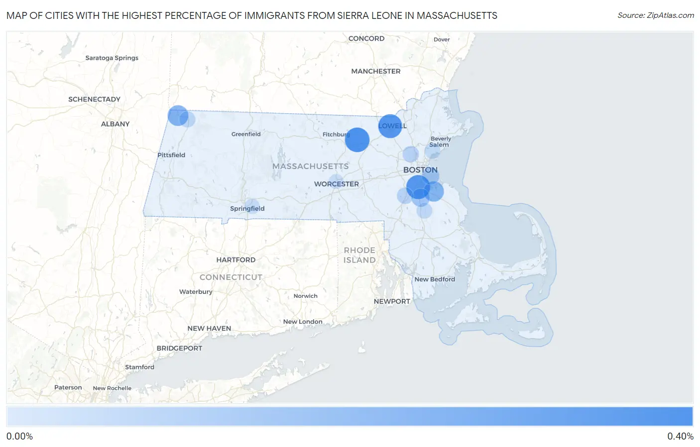 Cities with the Highest Percentage of Immigrants from Sierra Leone in Massachusetts Map