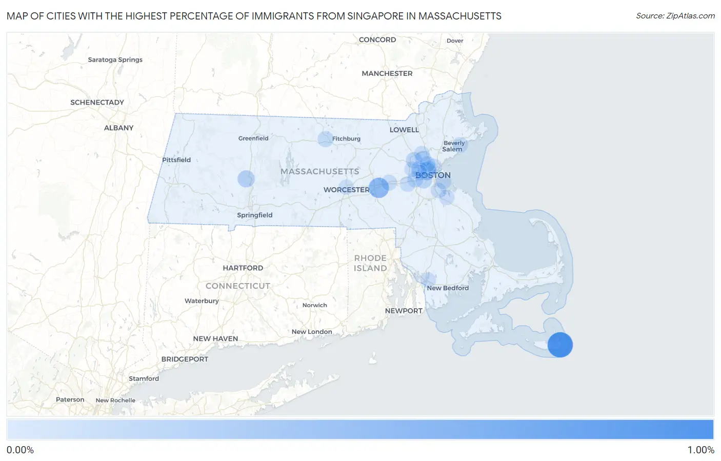 Cities with the Highest Percentage of Immigrants from Singapore in Massachusetts Map