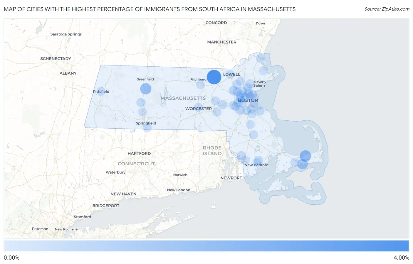 Cities with the Highest Percentage of Immigrants from South Africa in Massachusetts Map