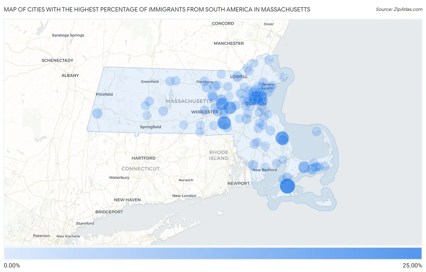 Cities with the Highest Percentage of Immigrants from South America in Massachusetts Map
