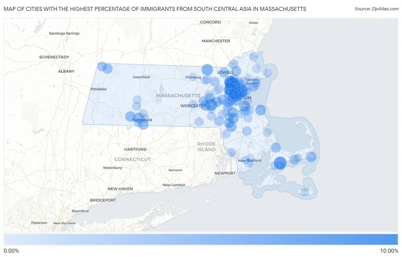 Cities with the Highest Percentage of Immigrants from South Central Asia in Massachusetts Map