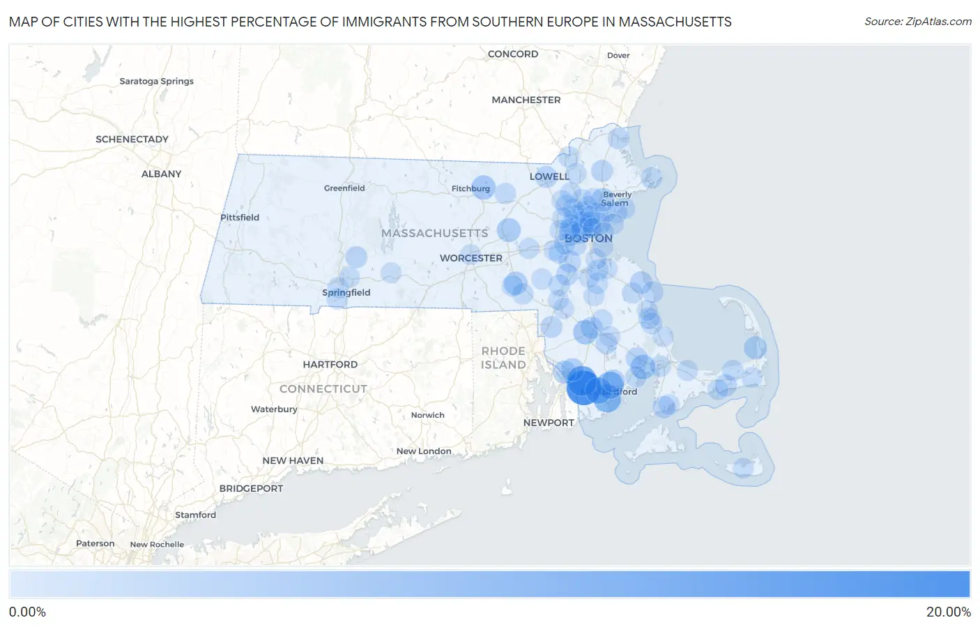 Cities with the Highest Percentage of Immigrants from Southern Europe in Massachusetts Map